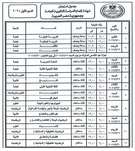 جدول الثانوية العامة 2025.. المواد العامة بامتحانات جميع الشعب